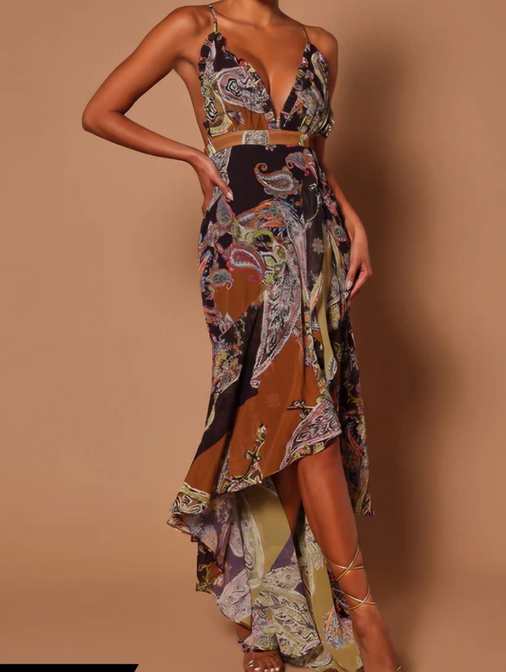 Brown Paisley Print High-Low Slip Dress By Nova Luxe
